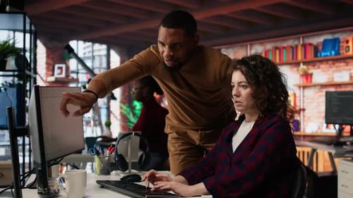 Startup Office Chief Technology Officer Overseeing Woman Building Application