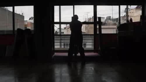 Silhouette Practicing Martial Arts Kicking Wooden Dummy