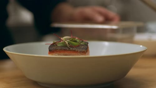 Chef Garnishing Salmon Dish with Greens in Restaurant
