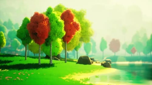 Colorful Cartoon Forest at Sunset