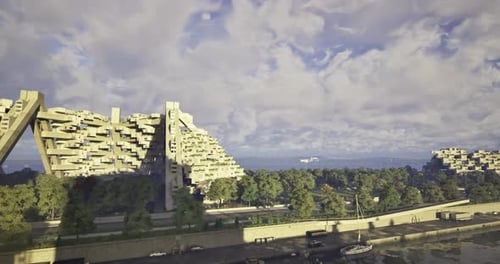 Arquitectura Moderna a lo largo de la ribera de un río con Nubes Dramáticas durante el día