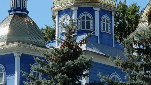 Old Orthodox Church. Blue Wooden Religious Building. House of Saints. Church Building