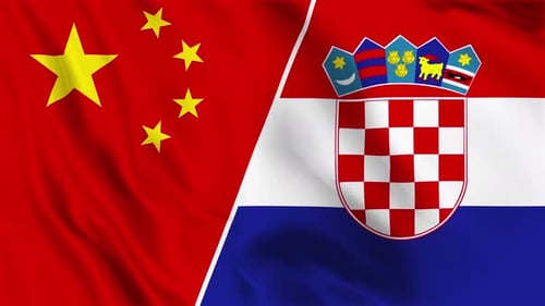 China and Croatia Flags Waving Split Screen Animation