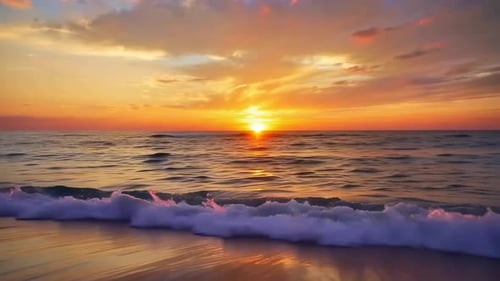 Beautiful Golden Sunset Over Ocean Waves on a Sandy Beach Sh