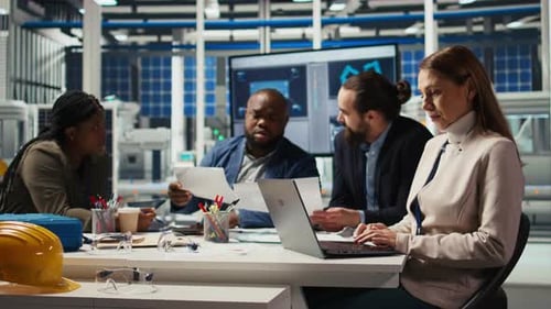 Industrieanlagenforscher arbeiten mit Laptop an Durchbrüchen