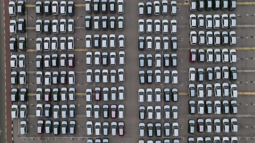 New cars parked in rows ready for delivery, Top down view