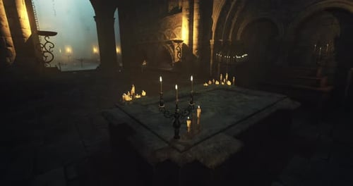 Mysterious Ancient Dungeon Interior with Flickering Candlelight Animation