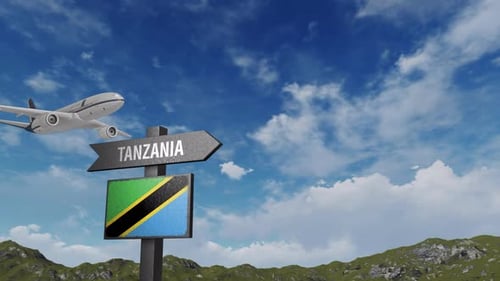Tanzania Flag With Airplane And Arrow Sign