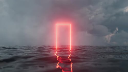 Glowing neon red portal emerging from dark ocean under cloudy sky