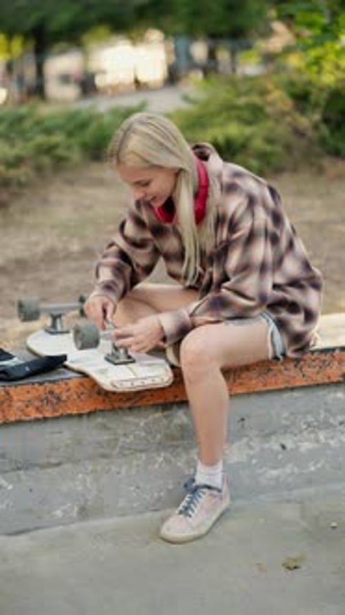 Woman Repairing Skateboard in Urban Park