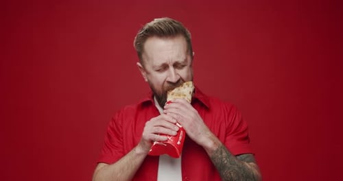 Hungry Man Eat Big Kebab American Style Man Eat Unhealthy Meal