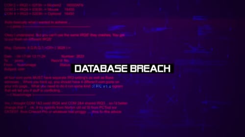 Warntext bei einer Datenbankverletzung auf dem Hacking-Hintergrundbildschirm V03