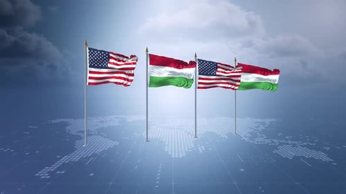 Waving USA and Hungary Flags with Digital World Map Background