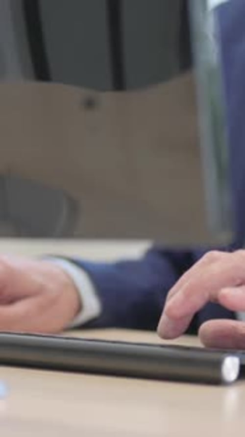 Close Up of Senior Old Businessman Working on Computer, Typing, vertical video