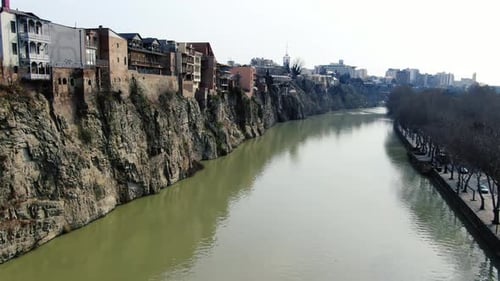 Amazing cliffs near the river Kura in Tbilisi, aerial footage in 4k