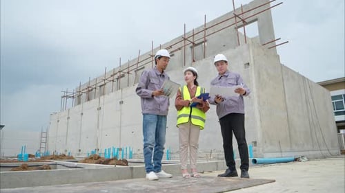 Un grupo de ingenieros y arquitectos inspecciona y supervisa la construcción de las paredes de los edificios