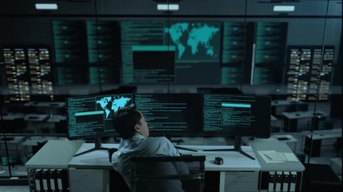 Back View Of Bored Asian Man Write Code With Multiple Computer Screens In office