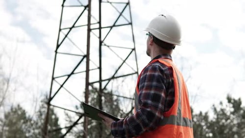 An employee of the energy structure inspects energy equipment and power lines.
