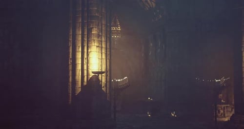 Dimly Lit Ancient Hall with Flickering Candles and Stone Walls