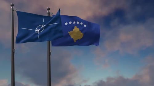 NATO and Kosovo Flags Waving in Realistic Sky
