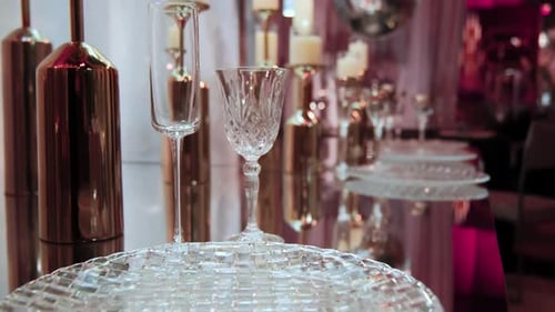 Close Up View Luxury Restaurant Banquet Table Set Up Served Dinner Tableware and Silverware Move