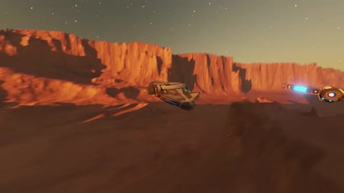 Spaceships Flying Close Together On A Desert Planet In Outer Space