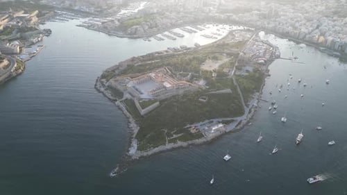 Bird's eye view of the Maltese coastline at Manoel Island in Gzira