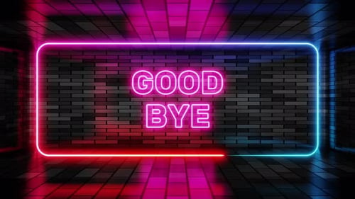 Neon sign good bye in speech bubble frame on brick wall background 3d render. Light banner on wall