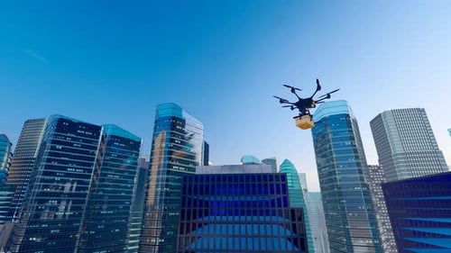 Drones Deliver Goods And Packages Between City Office Buildings