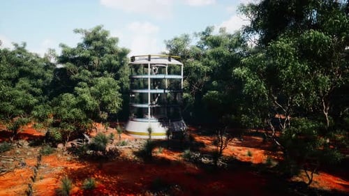 A Futuristic Glass Greenhouse Tower Surrounded By Lush Forest