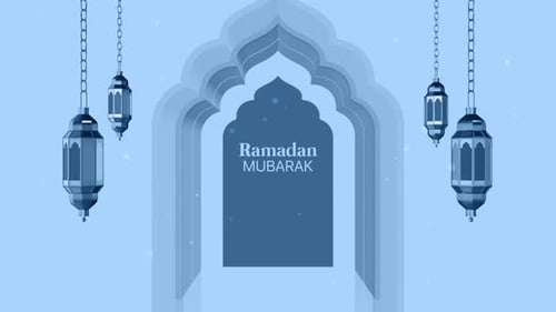 Elegant Ramadan Mubarak Arch with Hanging Lanterns Background