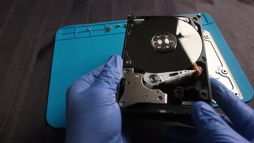 Repairman Fixing Computer Hard Disk Drive