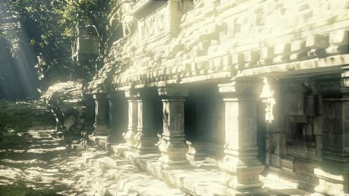 Adventurer and Artist Share Moments Near Mysterious Ancient Temple at Dusk