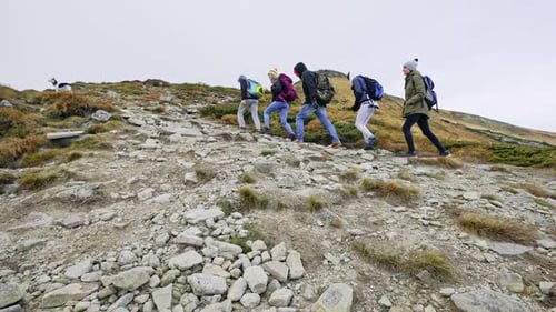 Tourists Climbing Up Hill