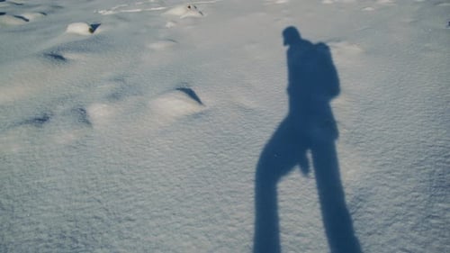 An Adventurous Hiker Exploring a Snowy Landscape with a Backpack on a Chilly Day During Daylight