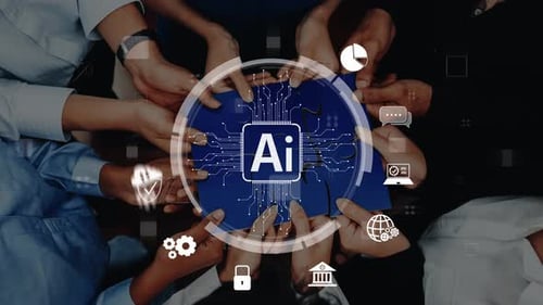 Mãos diversas colaborando no conceito de inteligência artificial com ícones representando tecnologia, N