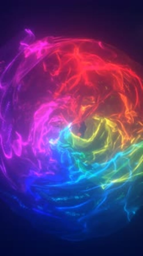 Abstract swirl of rainbow-colored glowing energy with fluid motion and luminous mesh textures