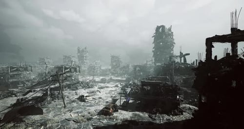 Post-Apocalyptic City Ruins Overcast Sky Cinematic View