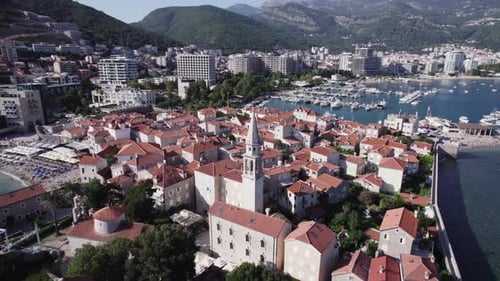 Aerial view of Budva town on a sunny day. Montenegro