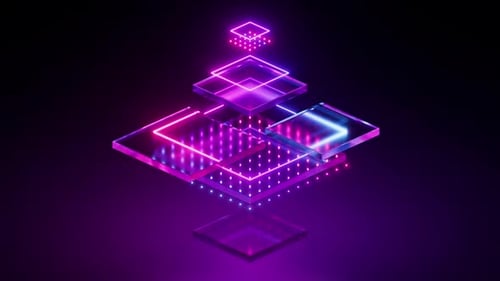 Leuchtende Teile des virtuellen Neonbauplans bewegen sich und drehen sich