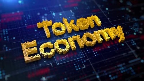 Token Economy 3D Pixel Text on Digital Technology Background