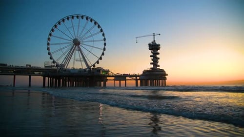 Sunset on the Scheveningen harbor at The Hague city, Netherlands