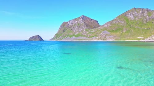 Aerial view of Haukland beach and mountains, Norway.