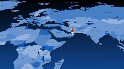 World Map Zoom to Oman Location Pointer Animation