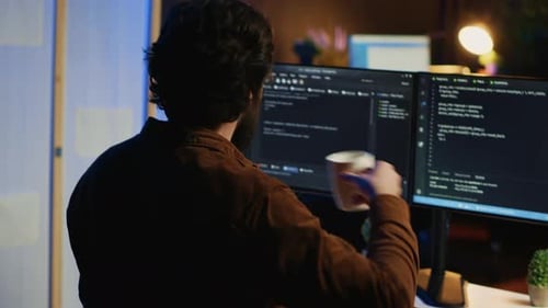 Computer Scientist at Home Office Desk Writing Binary Code and Drinking Coffee