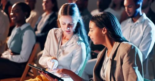 Seminar, business people and discussion with audience, tablet and investment summit