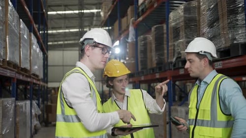 Blue collar workers are working at warehouse.