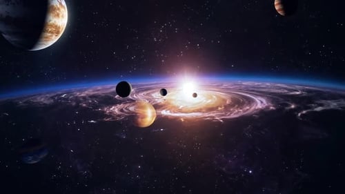 Futuristic Space Animation: Planets Orbiting a Bright Galactic Core