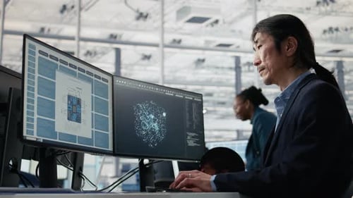 Man Optimizes Hardware in Microchip Factory Office with Artificial Intelligence