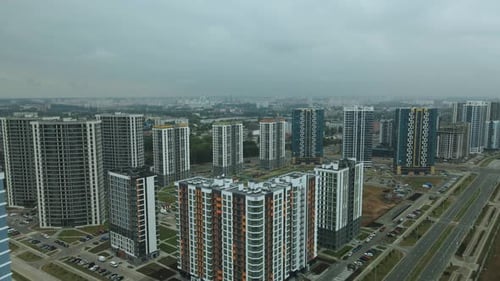 Construction site of a new city block. Construction of multi-storey buildings.